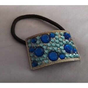 Elegant Blue Jeweled Hair Tie with Rhinestone Accents, Elastic Hair Band